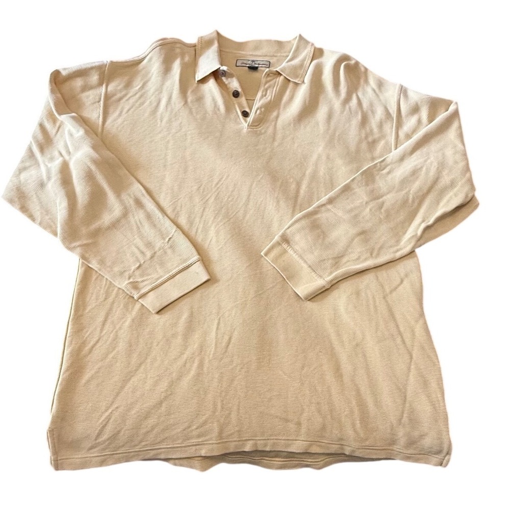 Tommy Bahama XL Long Sleeve Polo Shirt Silk Cotton Blend Ribbed Butter Yellow
